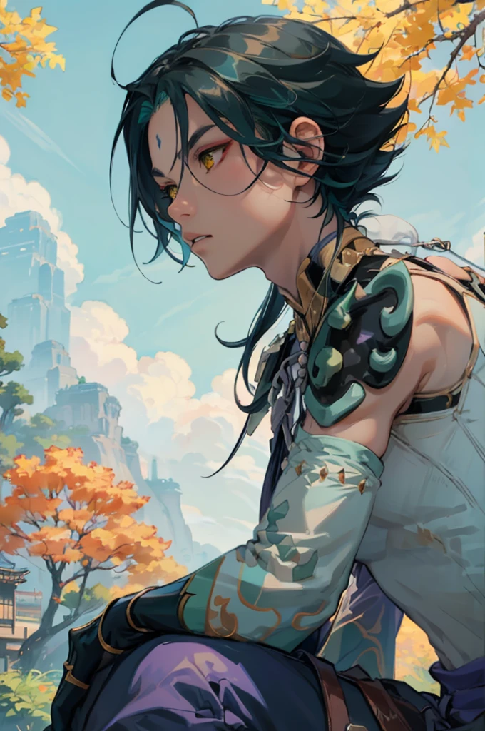 1 adult male solo,xiao \(genshin impact\), 1boy, male focus, short dark teal hair, yellow eyes, white sleeveless shirt, necklace, green tattoo on arm, detached white sleeve, black gloves, wide blue pants, black boots, pink and purple clothes details, black shoulder armor with spikes, outside, chinese mountains, yellow autumn trees, tree leaf falling, windy weather, dramatic light, movie poster style, cinematic shot, book cover, epic