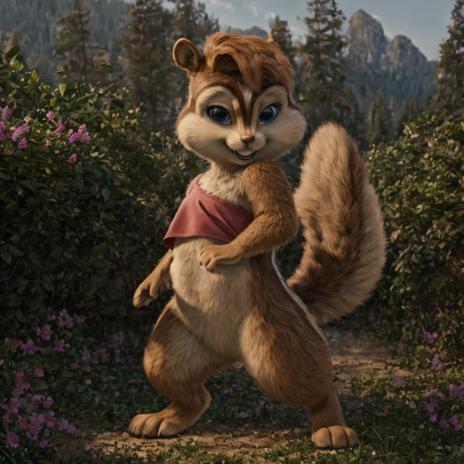 Brittany_Miller, solo, chipmunk, furry, cub, (slightly chubby:0.5), cute, (small ears), (short snout), pigtails, wearing cute pink Short T-Shirt, looking at viewer, outdoors, masterpiece, detailed background, Digitigrade, Detailed fur, perfect teeth, bottomless, No pantis, subtile smile,