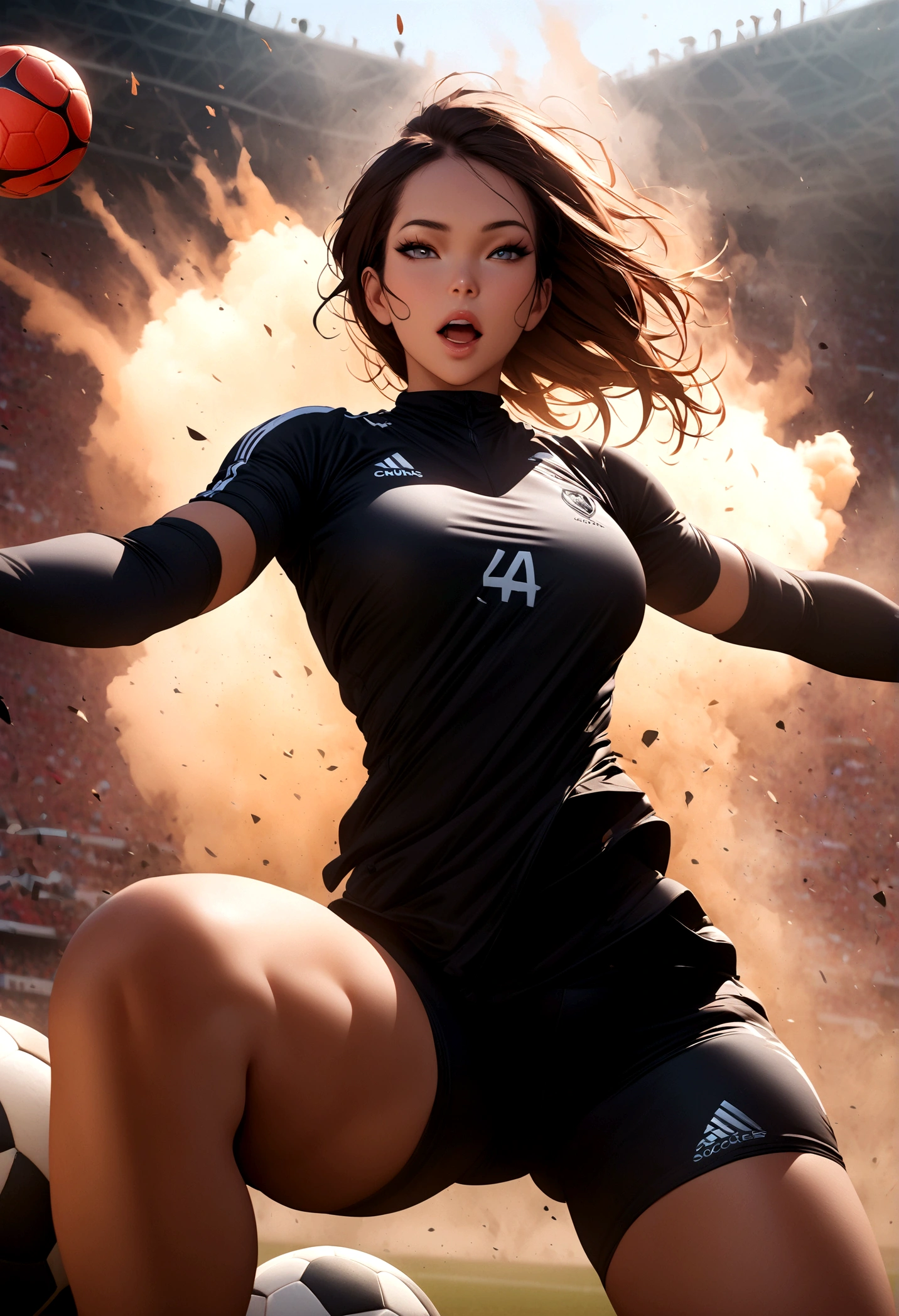 ((Masterpiece, top quality, high resolution)), ((highly detailed CG unified 8K wallpaper)), (huge stunning goddess shot, very hot and sexy, jaw-dropping beauty, perfect proportions, beautiful body, slim body beauty:1.1), soccer players in action on a soccer field during a game, soccer, sports photography, playing soccer, soccer player, sport game, sport photography, shutterstock, football, the best ever, attacking, cover shot, interrupting the big game, football player, professional sports style, trending dribble, best on adobe stock, by Wayne England, action shot, dynamic action shot, 