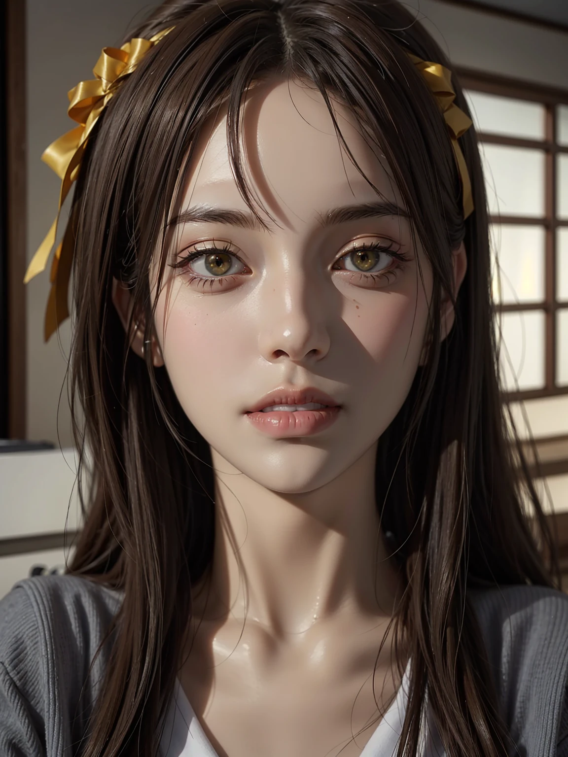 (A superb exquisite haruhi suzumiya), (haruhi suzumiya:1.5),
(photo realistic:1.4), (hyper realistic:1.4), (realistic:1.3),
(smoother lighting:1.05), (increase cinematic lighting quality:0.9), 32K,
1girl,16yo girl, realistic lighting, light on face, ray trace, (brightening light:1.2), (Increase quality:1.4),
(best quality real texture skin:1.4), finely detailed eyes, finely detailed face, finely quality eyes,
(tired and sleepy and satisfied:0.0), ((face closeup)),
(Increase body line mood:1.1), (Increase skin texture beauty:1.1),