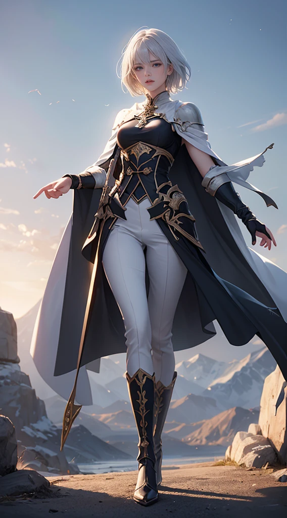 Highest quality、masterpiece、8K、Realistic、超High resolution、Very delicate and beautiful、High resolution、Fantasy、Perfect female body、mature woman、White Hair、short Hair、Toned body、Cape、Clothing with low exposure、pants、boots、cigarette、Full body emphasis、Simple Background、knight、