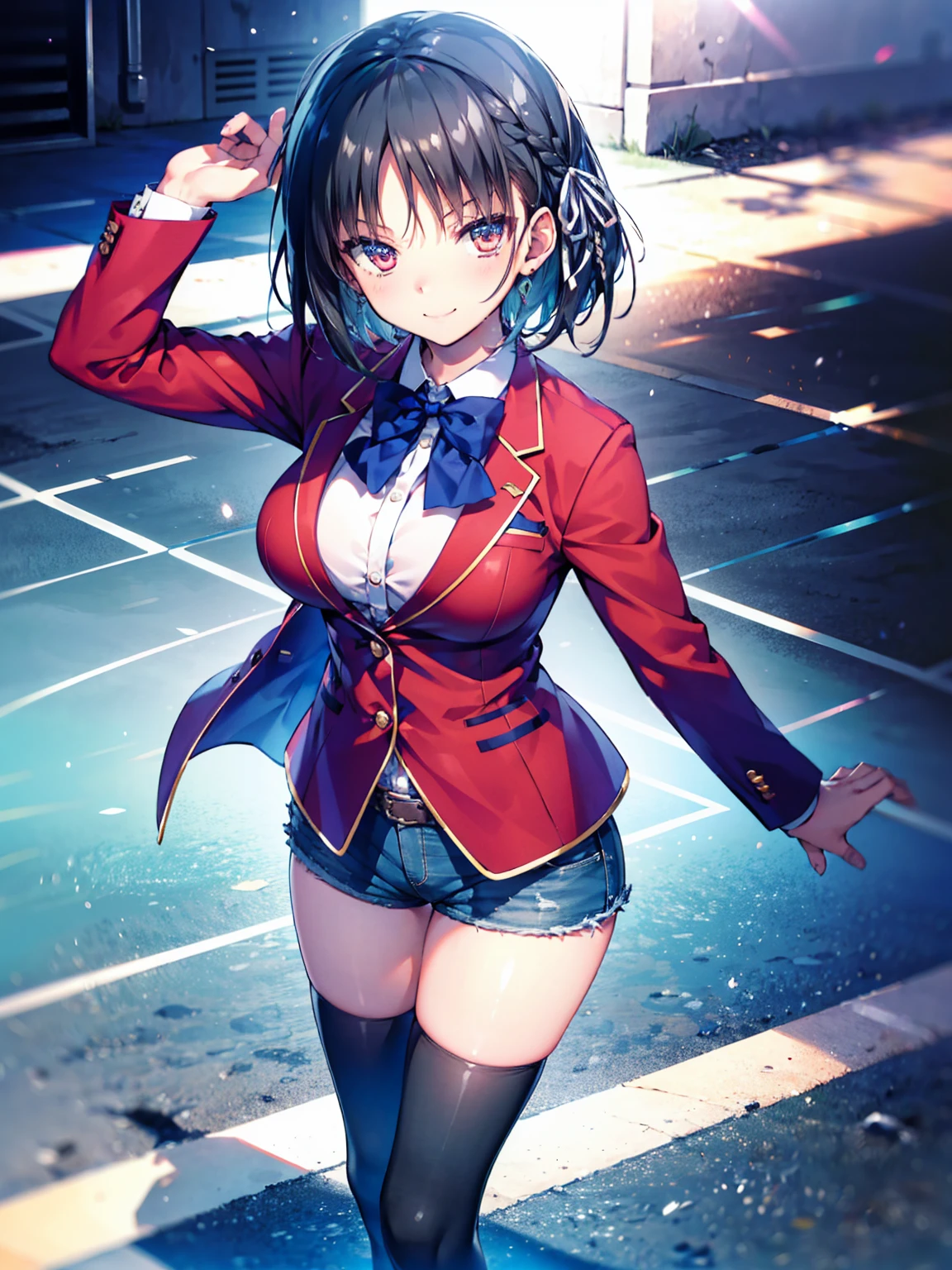 (8K, Highest quality, Highest quality, masterpiece), aasuzune, short hair, black hair, (single braid:1.2), hair ribbon, red jacket, blazer, blue bowtie, long sleeves, black thighhighs, smile, denim hot shorts, mini shorts, big breasts