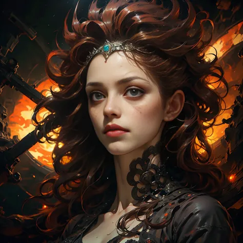 a red-haired female queen, eldritch horror, cosmic horror, dark fantasy, dramatic lighting, cinematic, dark moody atmosphere, in...