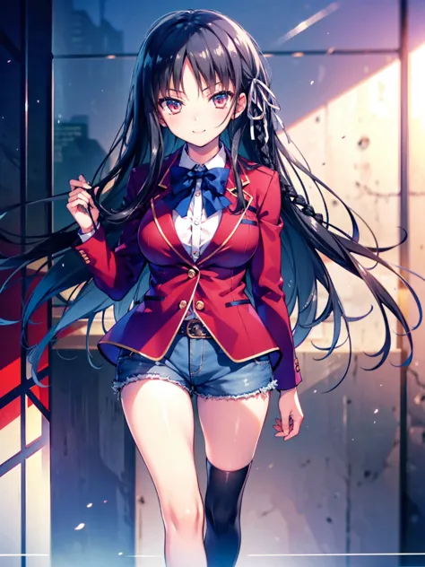 (8k, highest quality, highest quality, masterpiece), aasuzune, long hair, black hair, (single braid:1.2), hair ribbon, red jacke...