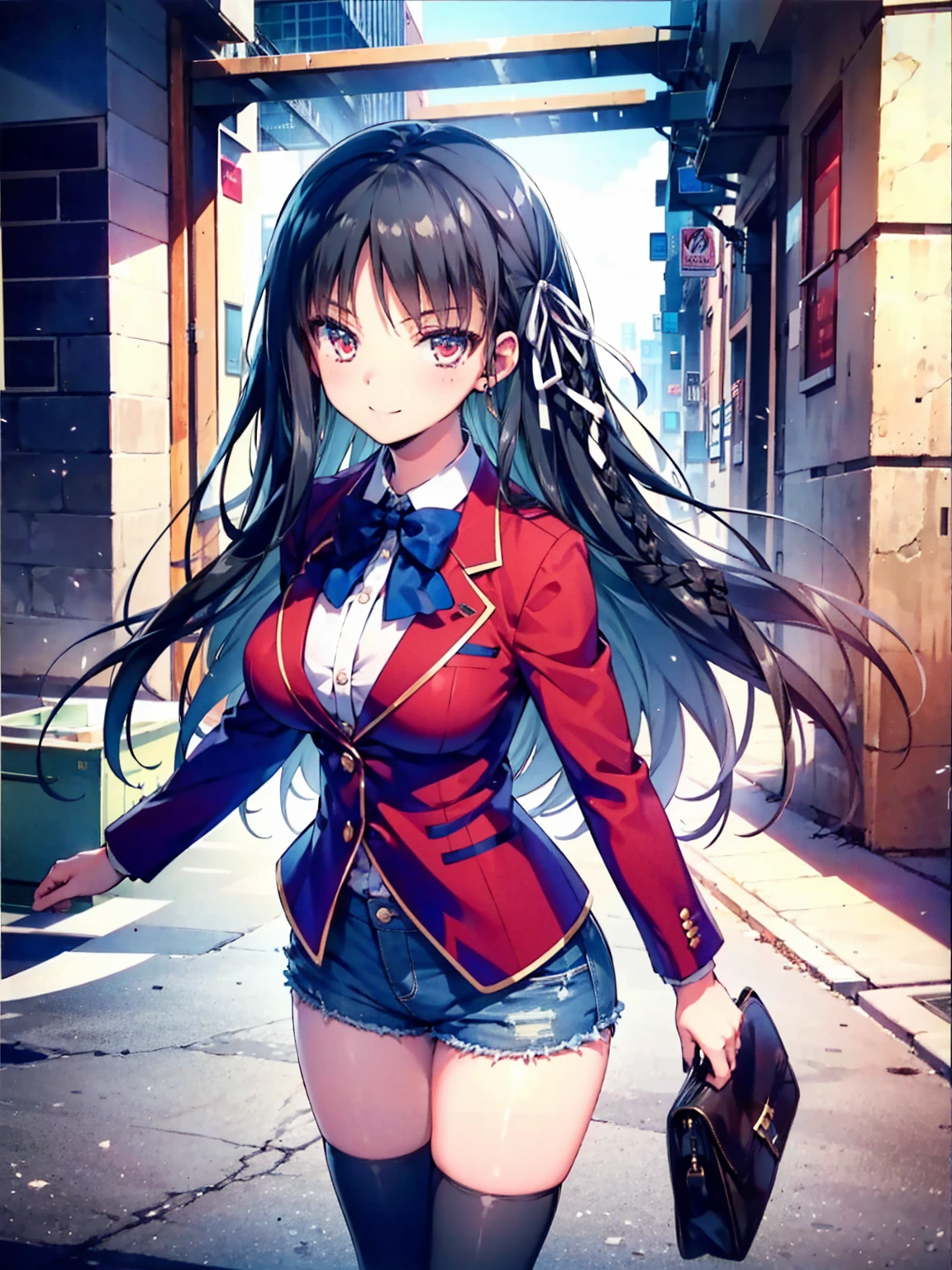 (8K, Highest quality, Highest quality, masterpiece), aasuzune, long hair, black hair, (single braid:1.2), hair ribbon, red jacket, blazer, blue bowtie, long sleeves, black thighhighs, smile, denim hot shorts, mini shorts, big breasts