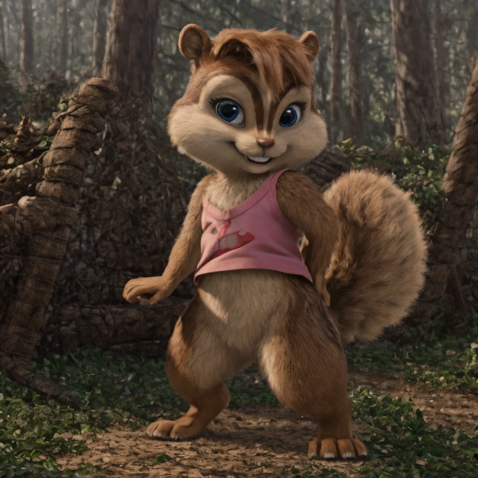 Brittany_Miller, solo, chipmunk, furry, cub, (slightly chubby:0.5), cute, (small ears), (short snout), pigtails, wearing cute pink Short T-Shirt, looking at viewer, outdoors, masterpiece, detailed background, Digitigrade, Detailed fur, perfect teeth, bottomless, No pantis, subtile smile,