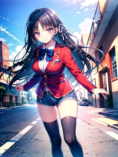 (8k, highest quality, highest quality, masterpiece), aasuzune, long hair, black hair, (single braid:1.2), hair ribbon, red jacke...