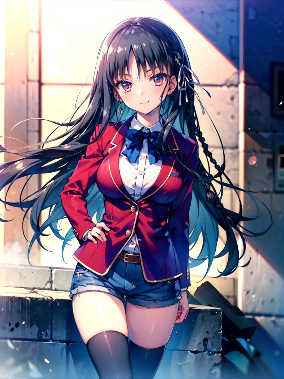 (8K, Highest quality, Highest quality, masterpiece), aasuzune, long hair, black hair, (single braid:1.2), hair ribbon, red jacket, blazer, blue bowtie, long sleeves, black thighhighs, smile, denim hot shorts, mini shorts, big breasts