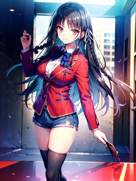 (8k, highest quality, highest quality, masterpiece), aasuzune, long hair, black hair, (single braid:1.2), hair ribbon, red jacke...