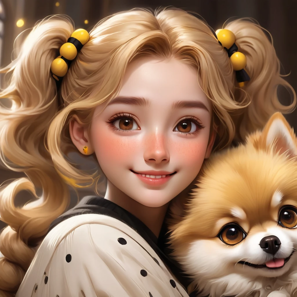 melhor qualidade, obra de arte, Alunos de Hogwarts, Lufa-Lufa, Cabelo curto com caudas duplas altas, Cabelo curto com caudas duplas loiras douradas.,Linda dorme,Junto com seu adorável cachorrinho da Pomerânia., Fofo e brilhante,sorriso, sardas no rosto, detalhes de olhos castanhos, rosto detalhado, pele bonita, luz suave, sombra suave, Textura fina, luz dinâmica,