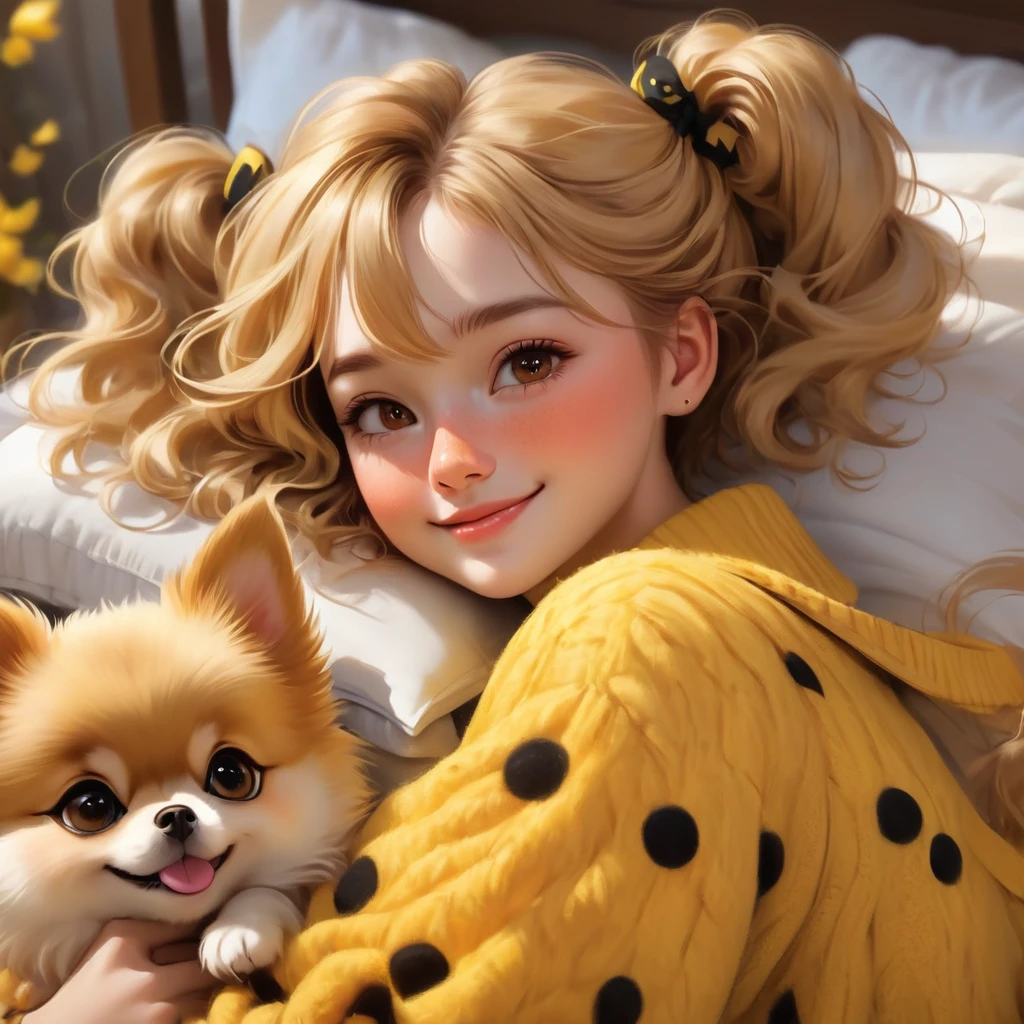 mejor calidad, obra maestra, estudiantes de hogwarts, Hufflepuff, Pelo corto con colas gemelas altas., Cabello corto con dos colas rubias doradas..,Hermosos sueños,Junto a su adorable cachorro pomerania., lindo y brillante,sonrisa, pecas en la cara, detalles de ojos marrones, cara detallada, Piel hermosa, luz tenue, sombra suave, textura fina, luz dinámica,