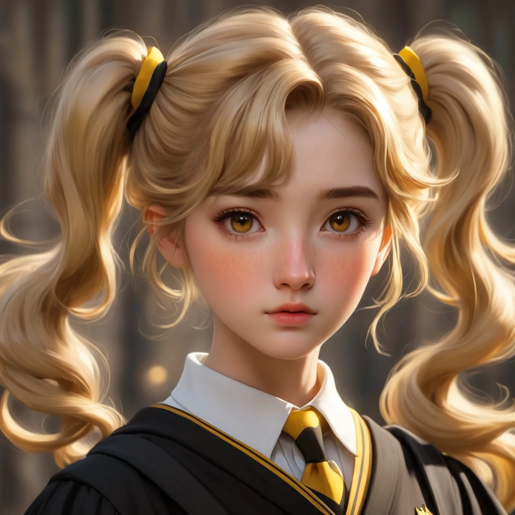 mejor calidad, obra maestra, estudiantes de hogwarts, Hufflepuff, Pelo corto con colas gemelas altas.., Cabello corto con dos colas rubias doradas..., serious, Muy terco, lindo y brillante, pecas en la cara, detalles de ojos marrones, cara detallada, Piel hermosa, luz tenue, misterioso, sombra suave, textura fina, luz dinámica,