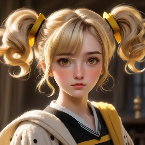 best quality, Masterpiece, Hogwarts students, Hufflepuff, Short hair with high twin tails., Short hair with golden blonde twin t...