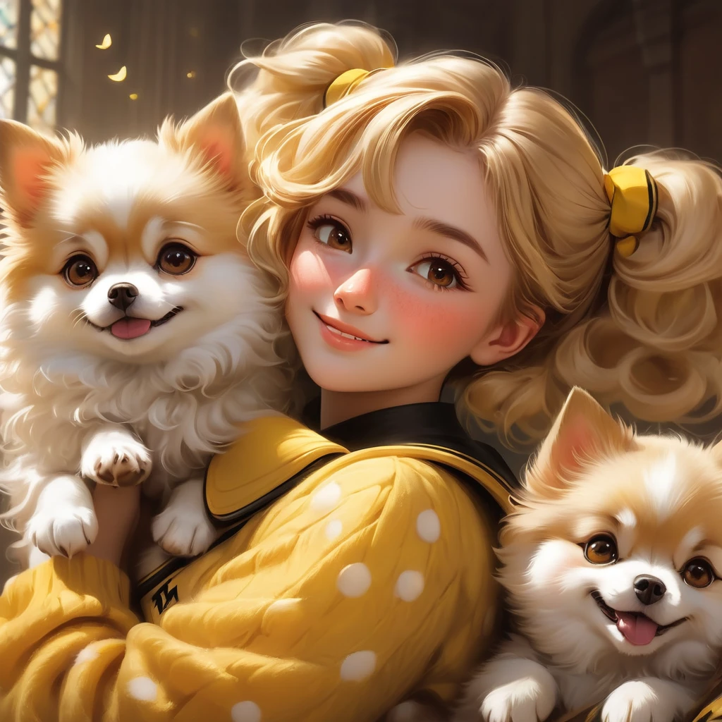 mejor calidad, obra maestra, estudiantes de hogwarts, Hufflepuff, Pelo corto con colas gemelas altas., Cabello corto con dos colas rubias doradas..,Hermosos sueños,Junto a su adorable cachorro pomerania., lindo y brillante,sonrisa,portarse mal, pecas en la cara, detalles de ojos marrones, cara detallada, Piel hermosa, luz tenue, sombra suave, textura fina, luz dinámica,