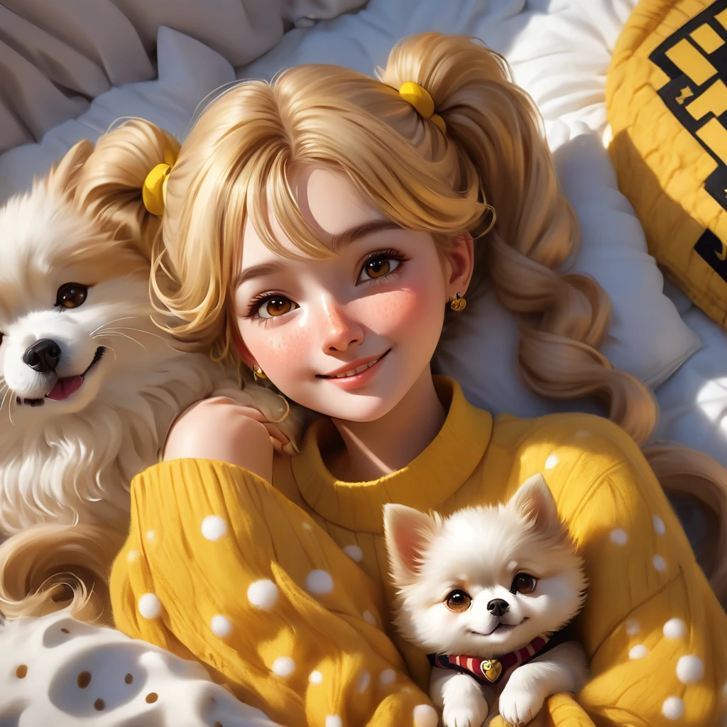 melhor qualidade, obra de arte, Alunos de Hogwarts, Lufa-Lufa, Cabelo curto com caudas duplas altas, Cabelo curto com caudas duplas loiras douradas.,Linda dorme,Junto com seu adorável cachorrinho da Pomerânia., Fofo e brilhante,sorriso,comportar-se mal, sardas no rosto, detalhes de olhos castanhos, rosto detalhado, pele bonita, luz suave, sombra suave, Textura fina, luz dinâmica,