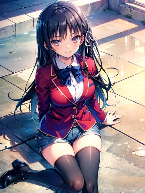 (8k, highest quality, highest quality, masterpiece), sit on the floor, aasuzune, long hair, black hair, (single braid:1.2), hair...