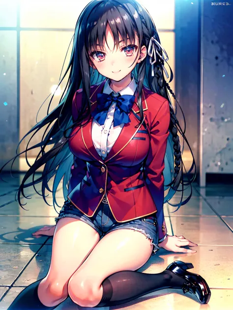 (8k, highest quality, highest quality, masterpiece), sit on the floor, aasuzune, long hair, black hair, (single braid:1.2), hair...