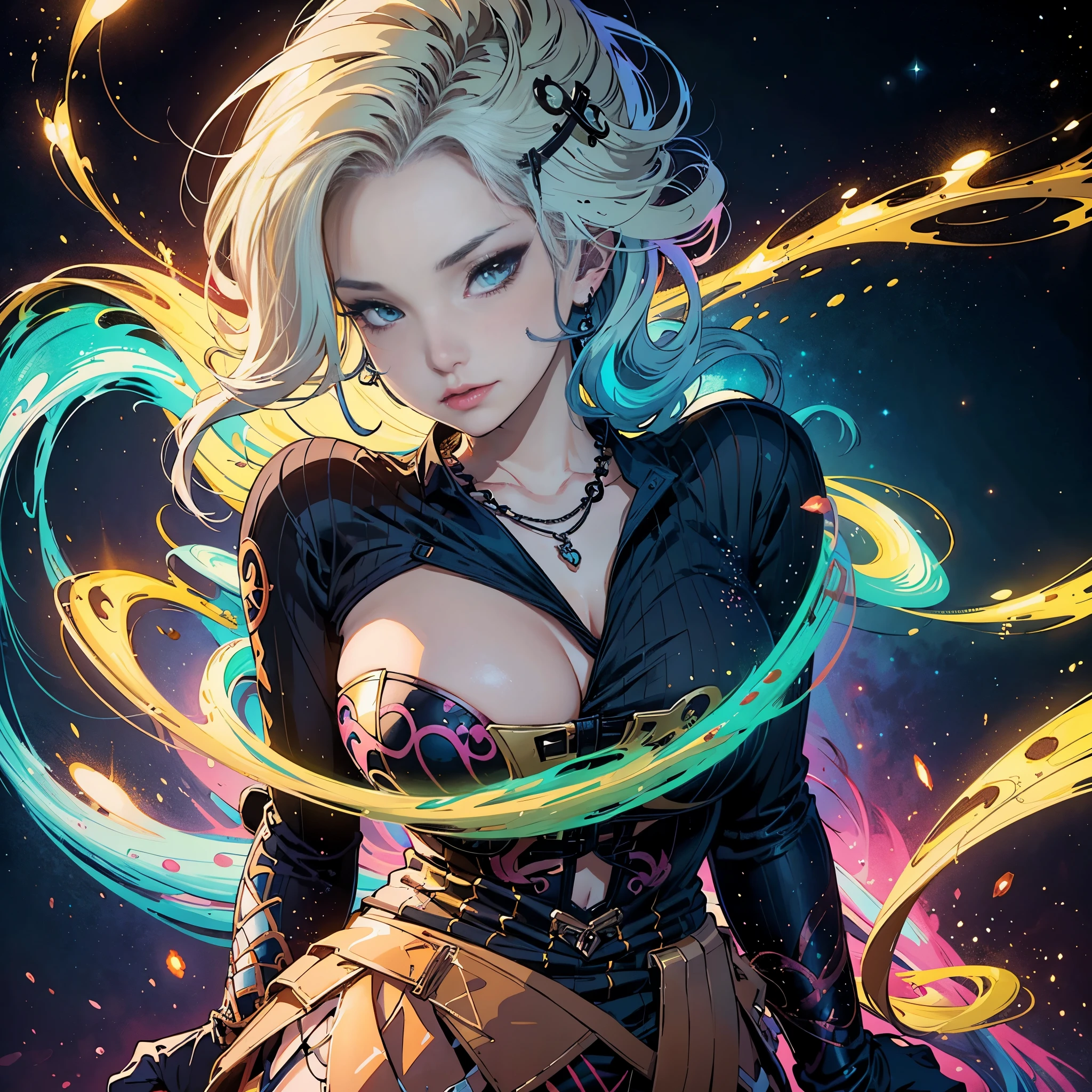 Close-up of a woman with colorful hair and necklace, anime girl with cosmic hair, Rossdraws' soft vitality, Gouvez style artwork, fantasy art style, colorful], vibrant fantasy style, Rossdraws cartoon full of vitality, cosmic and colorful, Guweiz, colorful digital fantasy art, stunning art style, beautiful anime style, white skin, subtle