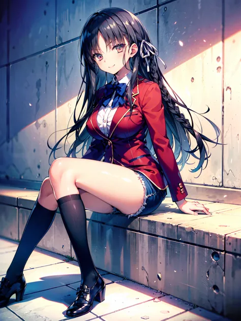 (8k, highest quality, highest quality, masterpiece), sit on the floor, aasuzune, long hair, black hair, (single braid:1.2), hair...