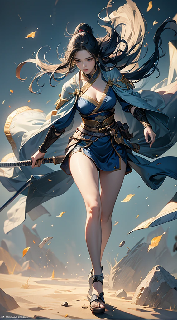 Highest quality、masterpiece、8K、Realistic、超High resolution、Very delicate and beautiful、High resolution、Fantasy、Perfect female body、mature woman、Blue Hair、Toned body、Cape、Clothing with low exposure、Full body emphasis、Simple Background、samurai、warrior