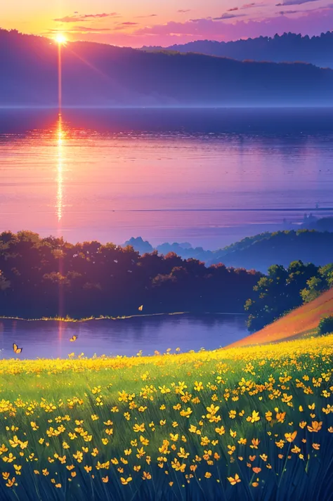 beautiful fields of flowers, sunrise, lake, butterfly ,nature, wallpaper,, best light