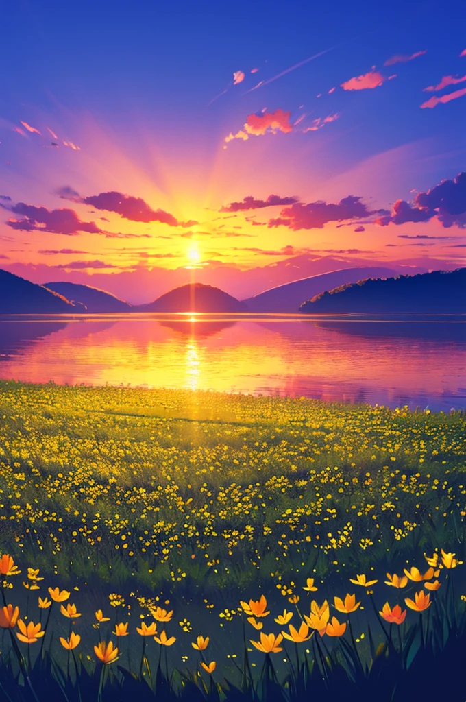 Beautiful fields of flowers, sunrise, lake, butterfly ,nature, wallpaper,, best light