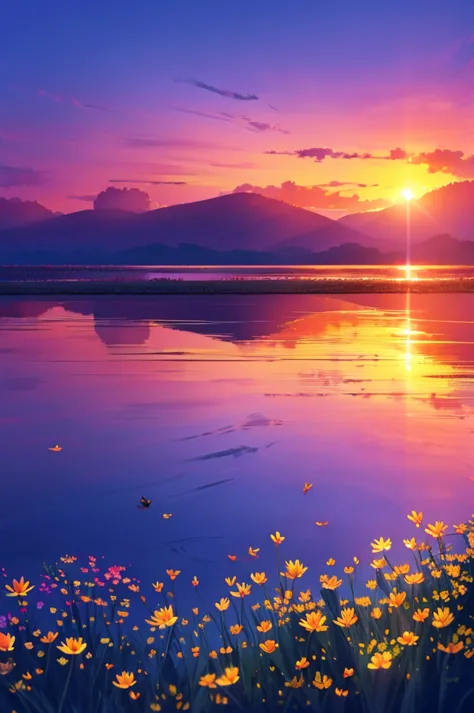 beautiful fields of flowers, sunrise, lake, butterfly ,nature, wallpaper,, best light