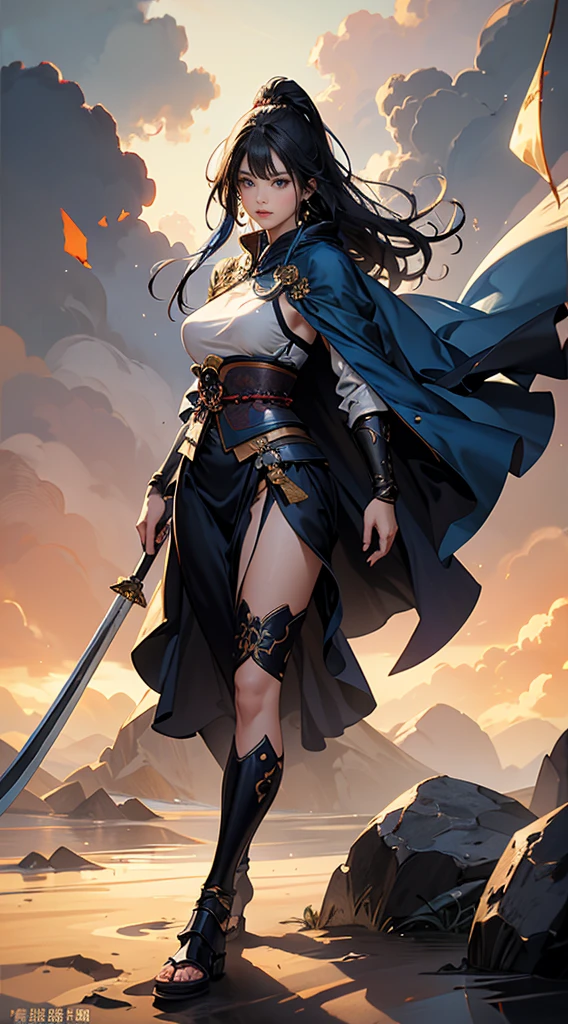 Highest quality、masterpiece、8K、Realistic、超High resolution、Very delicate and beautiful、High resolution、Fantasy、Perfect female body、mature woman、Blue Hair、Toned body、Cape、Clothing with low exposure、Full body emphasis、Simple Background、samurai、warrior