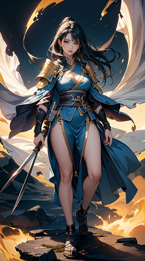 Highest quality、masterpiece、8K、Realistic、超High resolution、Very delicate and beautiful、High resolution、Fantasy、Perfect female body、mature woman、Blue Hair、Toned body、Cape、Clothing with low exposure、Full body emphasis、Simple Background、samurai、warrior