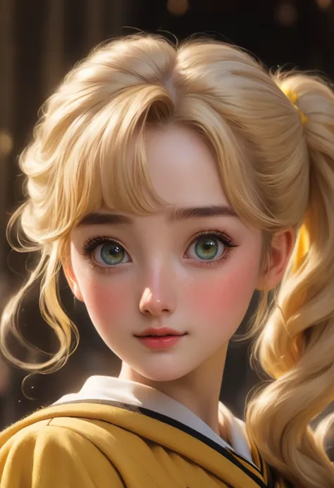 best quality, Masterpiece, Hogwarts students, Hufflepuff, I have short blonde twin tails.., Beaming, misbehave, freckles, Detail...