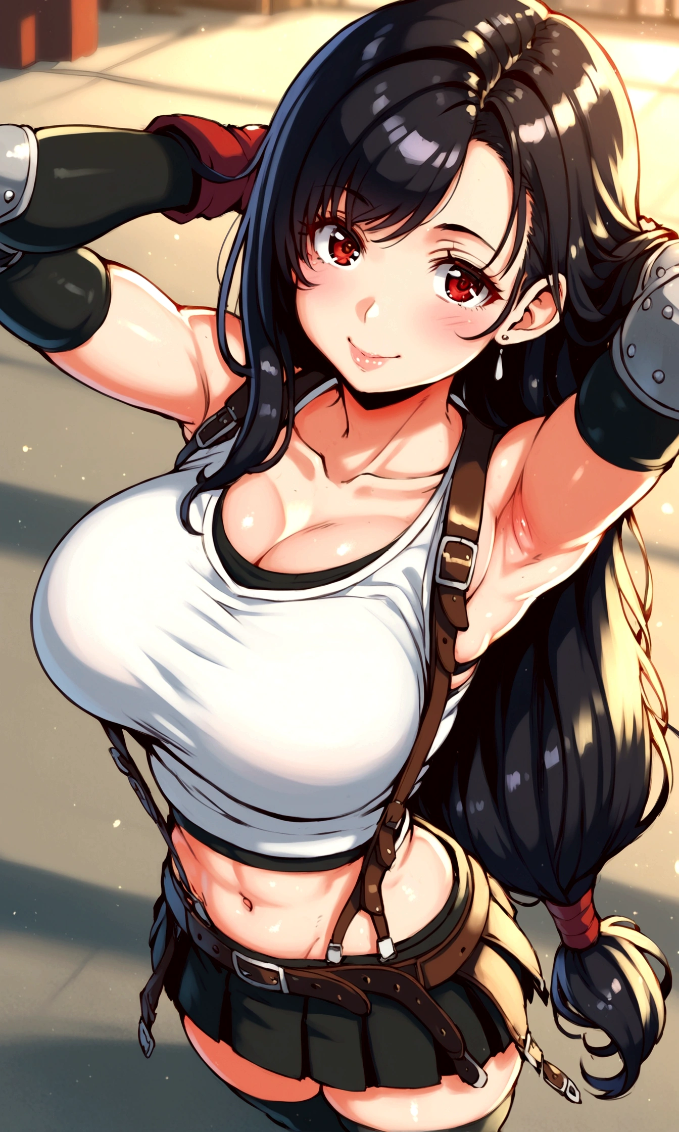 score_9, score_8_up, score_7_up,score_6, score_5,8k,rating_safe BREAK , (from above.from above,face focus,standing,straight-on,(arms up,arms behind head.),,(upperbody),looking_at_viewer ,1girl, tifa lockhart, final fantasy, tareme,black hair, low-tied long hair, red eyes, bangs, (white tank top, belt, pleated skirt, thighhighs, elbow fingerless gloves, elbow pads, midriff, navel,suspender skirt) ,large_breasts,(light smile),,,Solo,,(daytime and beachside and city),(best quality),(aesthetic,very aesthetic),UHD,HDR,,photorealistic,highly detailed,sharp focus,depth of field,,professional lighting,cinematic lighting,  　　