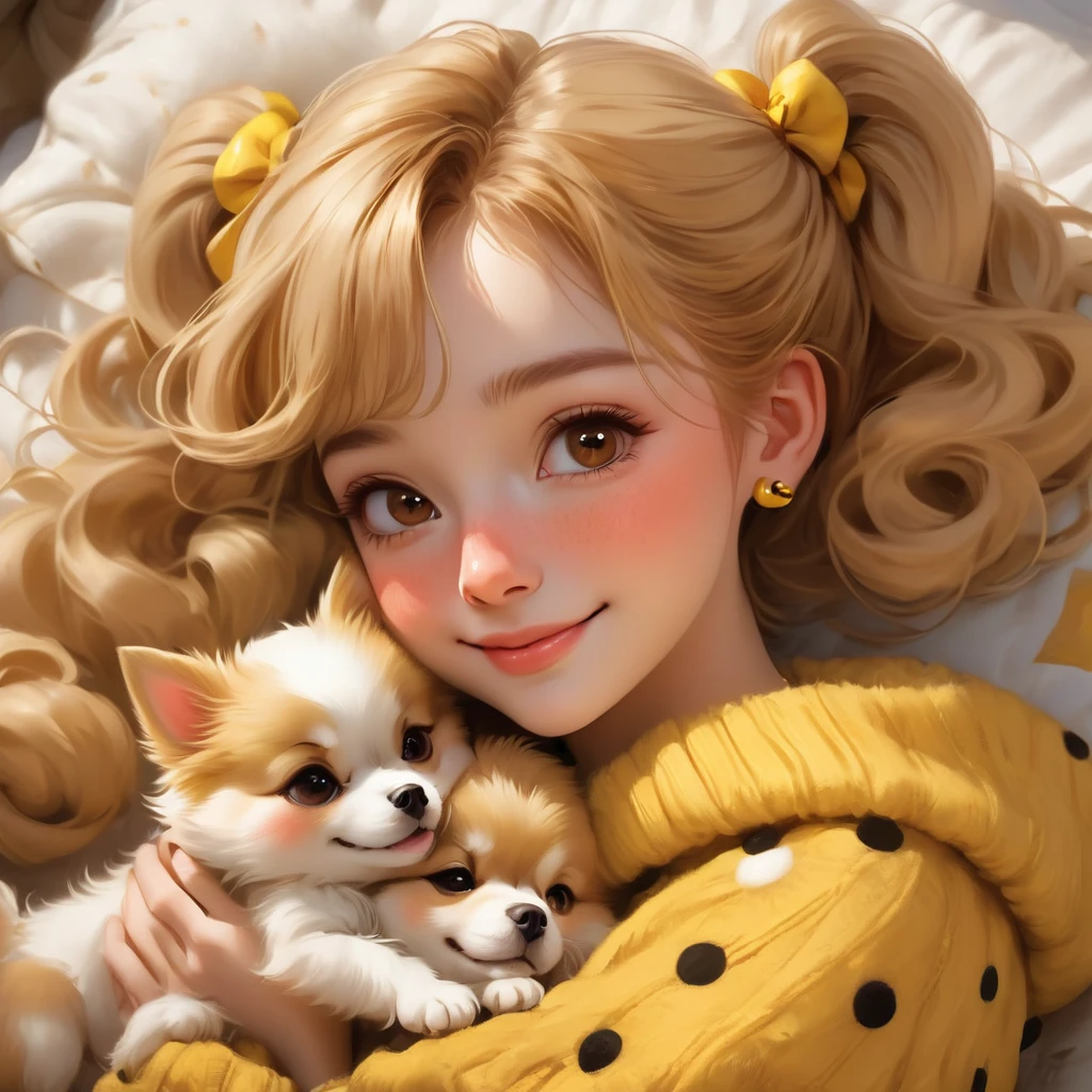 best quality, Masterpiece, Hogwarts students, Hufflepuff, Short hair with high twin tails, Short hair with golden blonde twin tails.,Beautiful  sleeps,Along with her adorable Pomeranian puppy., cute and bright,smile,misbehave, Freckles on the face, brown eyes details, detailed face, Beautiful skin, soft light, soft shadow, Fine texture, dynamic light,