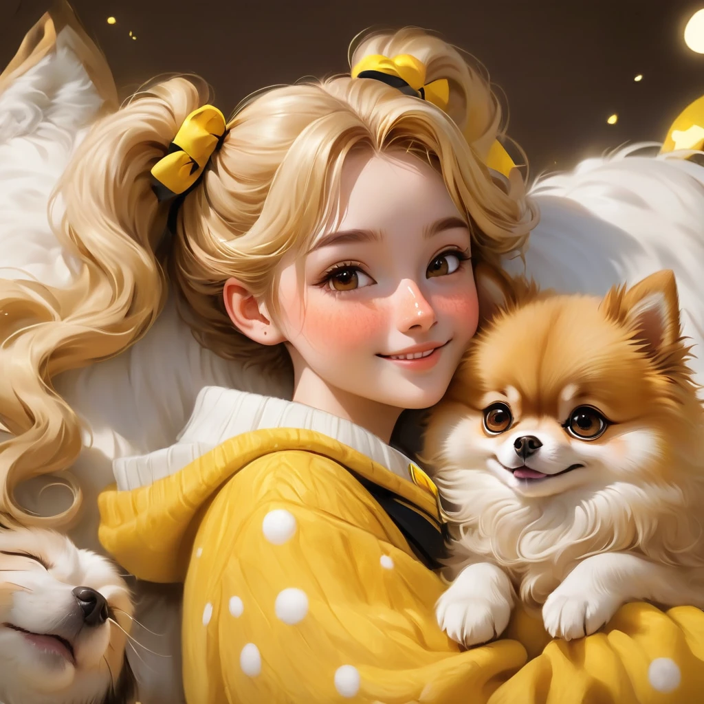 best quality, Masterpiece, Hogwarts students, Hufflepuff, Short hair with high twin tails, Short hair with golden blonde twin tails.,Beautiful  sleeps,Along with her adorable Pomeranian puppy., cute and bright,smile,misbehave, Freckles on the face, brown eyes details, detailed face, Beautiful skin, soft light, soft shadow, Fine texture, dynamic light,