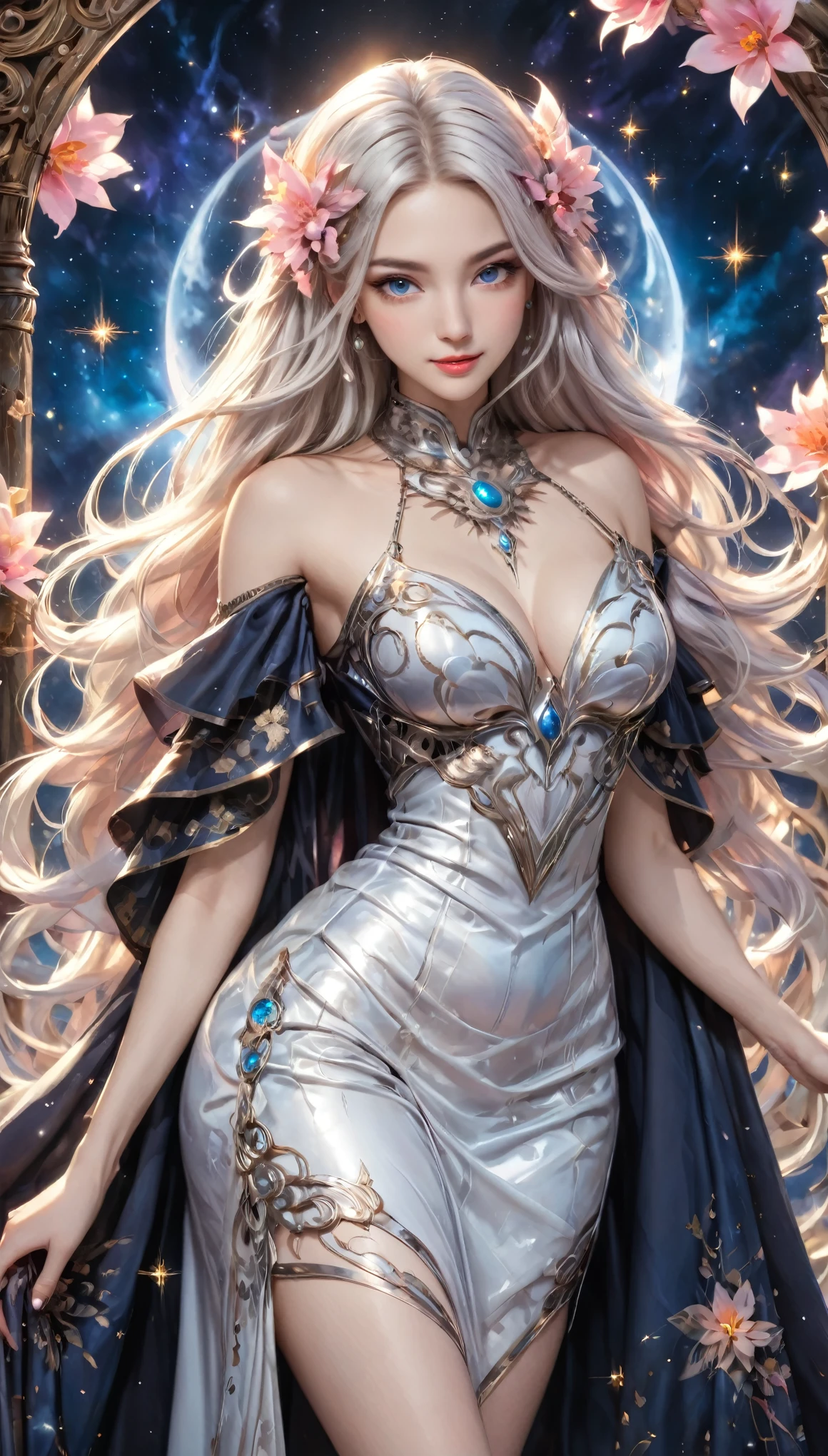 8K resolution, masterpiece, Highest quality, Award-winning works, unrealistic, From above, erotic, sole sexy lady, healthy shaped body, Anatomically accurate skeleton, 22 years old, black mage, 170cm tall, huge firm bouncing busts,, white silver long wavy hair, Detailed facial depictions, BREAK, Mysterious blue eyes, Standard nose, Eyeliner, pink lips, sexy long legs, Transparent and shiny skin, holy knight, Gothic ruffle long dress, A dress with a complex structure, Seven-colored colorful dress, Clothed in flames, royal coat of arms, elegant, Very detailed, Delicate depiction of hair, miniature painting, Digital Painting, artstation concept art, Smooth, Sharp focus, shape, Art Jam、Greg Rutkowski、Alphonse Mucha's、William Adolphe Bouguereau、art：Stephanie Law , Royal Jewel, nature, Symmetric, Greg Rutkowski, Charlie Bowwater, Unreal, surreal, Dynamic Lighting, Fantasy art, Complex colors, Buddhist Mandala, Colorful magic circle, flash, dynamic sexy poses, A kind smile, Mysterious Background, Aura, A gentle gaze, BREAK, Small faint lights and flying fireflies, night, lanthanum, From above, looking down on the world below, Starry Sky, milky way, nebula, shooting star, Flowers, birds, wind and moon, (Back view, Looking back towards the camera:1.3), chant healing magic, A pillar of light stretching to the sky, Laser beam, Climb the stairs to heaven