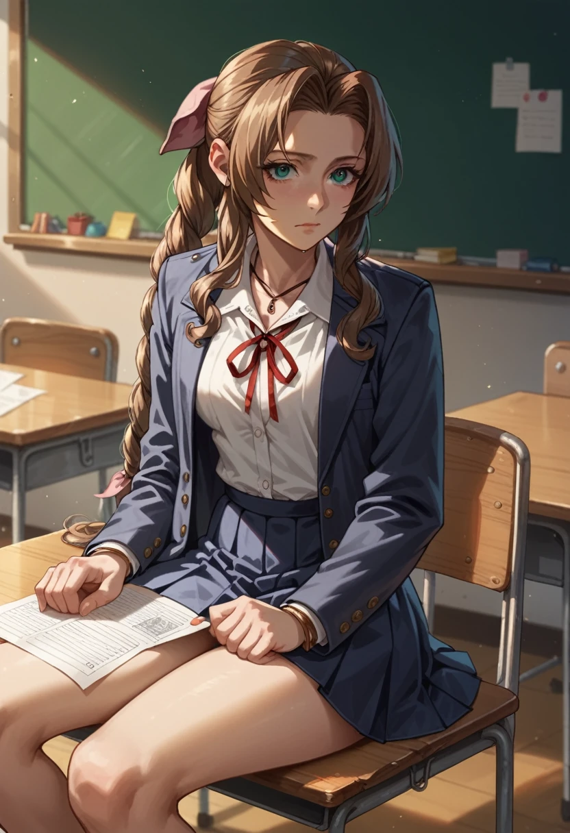 Aerith vestindo um blazer azul marinho, camisa branca e saia marinheira、Sentado em uma cadeira na sala de aula com a parte superior do corpo voltada para baixo sobre uma mesa、Verdadeira Face