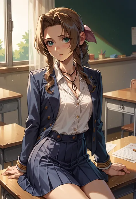 aerith wearing a navy blazer, white shirt and sailor skirt、sitting on a chair in the classroom with his upper body facing down o...