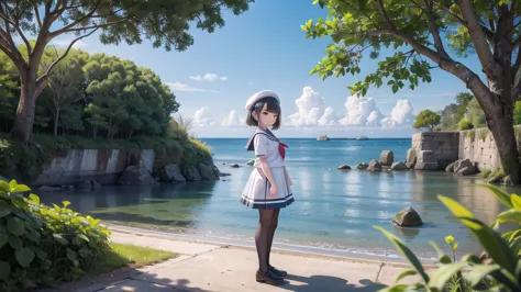 wallpaper, Clear face, (masterpiece), town, blue sky, One Girl, Place the person on the right, smile, alone, Sailor suit、Long sk...