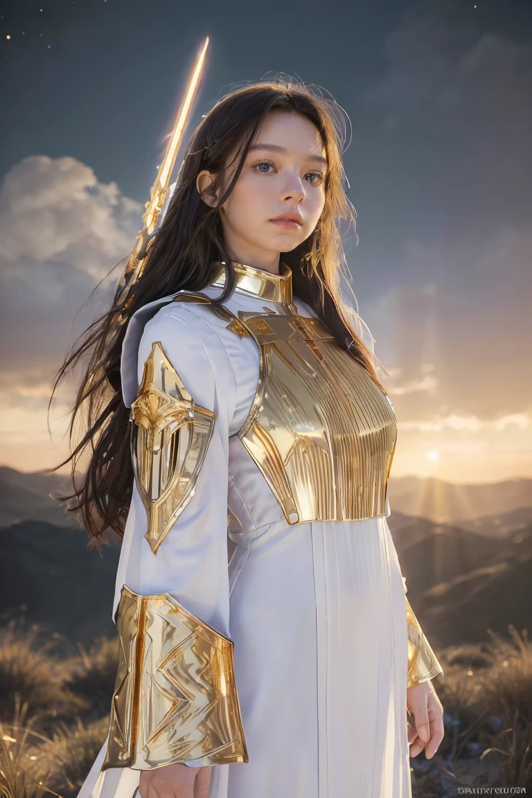 ((masterpiece, best quality, extremely detailed), volumetric lighting, ambient occlusion, colorful, glowing), 
1girl, solo, young girl, (dark hair), long hair, halo, aura, sacred, goddess, cleric suit, (white outfit with gold detailst:1.3), armor,
outdoors, sunset, sky, clouds, space, (fantasy theme:1.2),