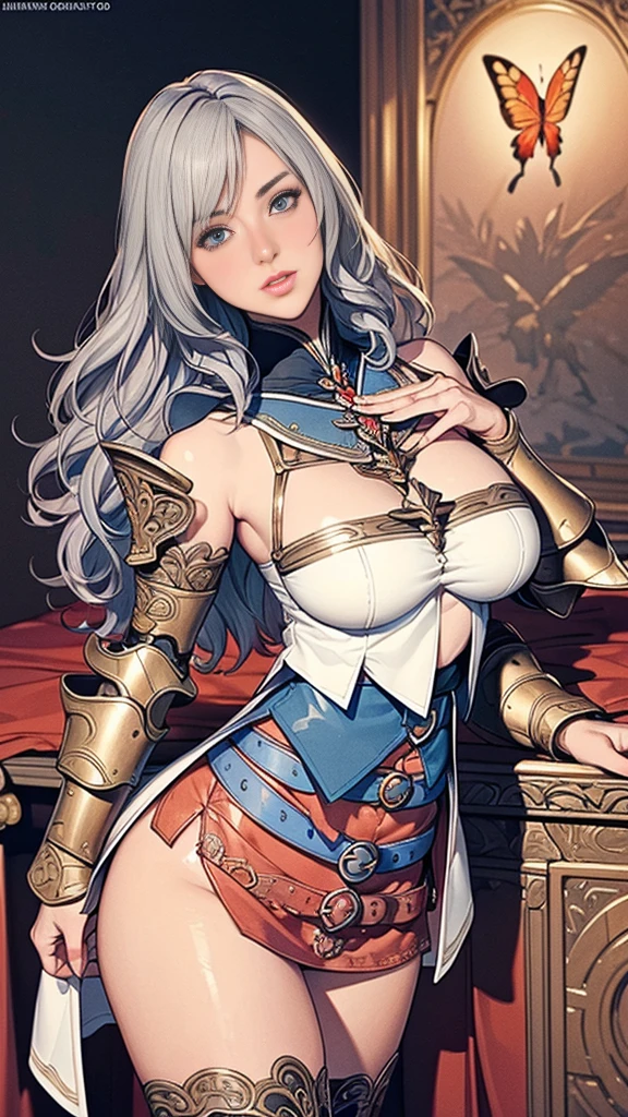 {Highest quality}, {とてもbeautiful}, {Super detailed}, {最高のAn illustration}, masterpiece,(((Skirt flip:1.5))),((Showing off her red butterfly panties)),garter belt:1.2,((Holy Knight)), Smooth breastplate, ((Copper armor))、((((Extremely detailed and intricately decorated armor:1.1)))),Red Cowboy Shot,smooth udder、big 、(Golden Ratio,Tabletop, Highest quality, Highest quality, Official Art, beautifully、beautiful:1.2), Very detailed, colorful,Best details,An illustration, Great scene, (Adult,19 years old,One Girl, alone, Final Fantasy 12,Asheria:1.5, Asheria:1.5, Asheria:1.5, Curly Hair, Long Hair,Silver Hair:1.2,Asheria Costume:1.5, Asheria Costume:1.5, mini skirt,Knee socks, Thighs Thighs Thighs Thighs, gem, Blue Belt,Belt number 1),Course of action, A look of contempt ,From below,