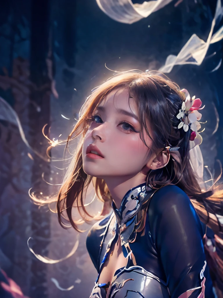 zhongfenghua, 1 Girl, only, Hanfu, antique_China_architecture, Flower Field, Floral, (White smoke:1.3) (Realistic Portraits:1.4), legwear，tangled, Mandala, twist, Official Art, Unity 8k Wallpaper, Ultra Detailed, Beautiful and beautiful, masterpiece,best quality, (Dynamic Angle:1.4), Shiny skin, (Colorful sparks floating:1) The most beautiful form of chaos, elegant, Barbarian design, Vibrant colors, Exotic romance, Depth of Field._dance, Red flowers，legwear