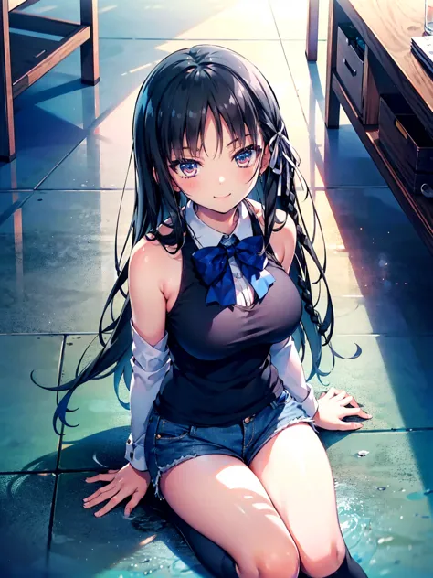 (8k, highest quality, highest quality, masterpiece), sit on the floor, aasuzune, long hair, black hair, (single braid:1.2), hair...