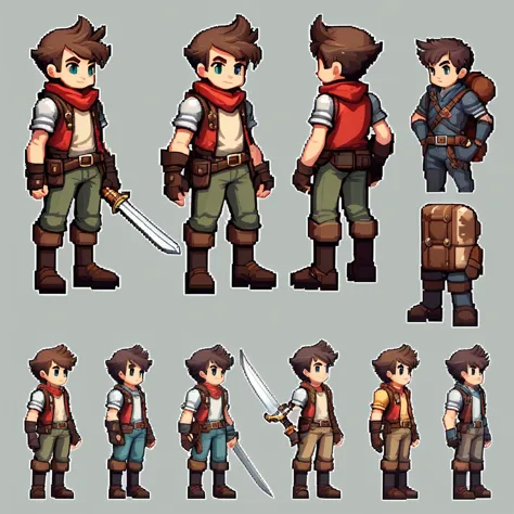 pixel art,pixel art,create an original character design sheet,main character of the game,boy,juvenile,adventurer&#39;s outfit,na...