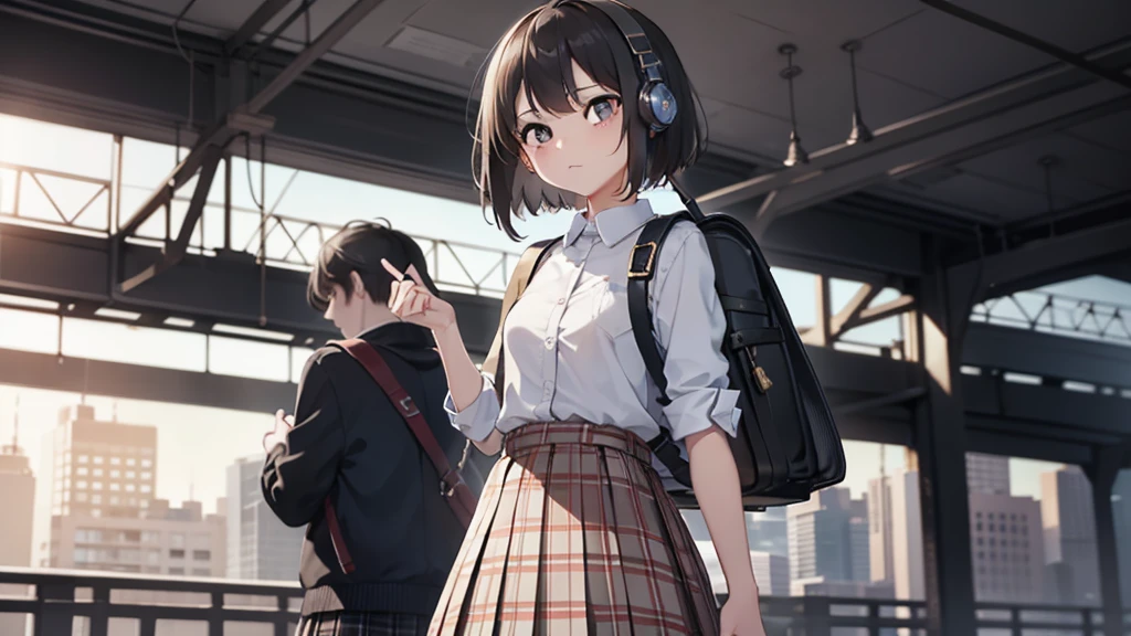 masterpiece, Highest quality, 2D, High resolution, Very detailed, Detailed Background, Cinema Lighting, One girl, View your viewers, Wear a plaid shirt, Midi Skirt, Pleated skirt, Casual Girl, wearing headphone, listen to music, (headphone:1.1), Are standing, With a backpack on, (randoseru backpack:1.1), sunlight, Waiting train, station, Are standing in platform , Girls in the city