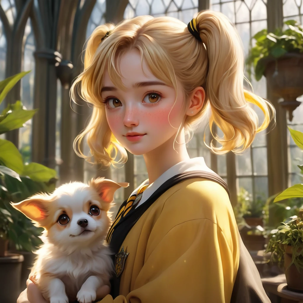 Best quality, masterpiece, Hogwarts student, Hufflepuff, short hair, high twin tails. Short golden blonde twintail hair, serious, very mischievous, cute and bright, with freckles on her face along with her cute puppy in detail. brown eyes A delicate face, beautiful skin, the background is in the Hogwarts greenhouse, soft, mysterious light, soft shadows. Detailed textures, dynamic lighting