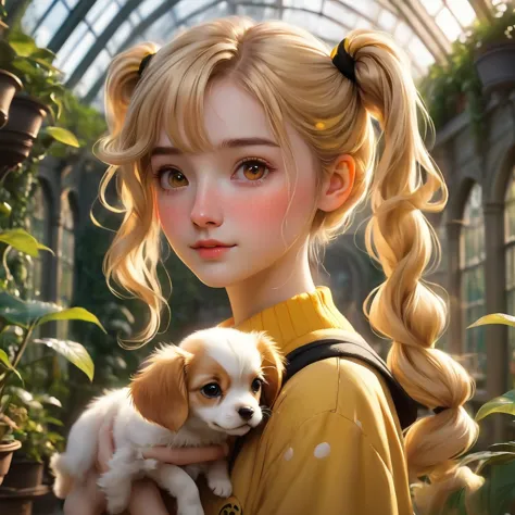 Best quality, masterpiece, Hogwarts student, Hufflepuff, short hair, high twin tails. Short golden blonde twintail hair, serious...