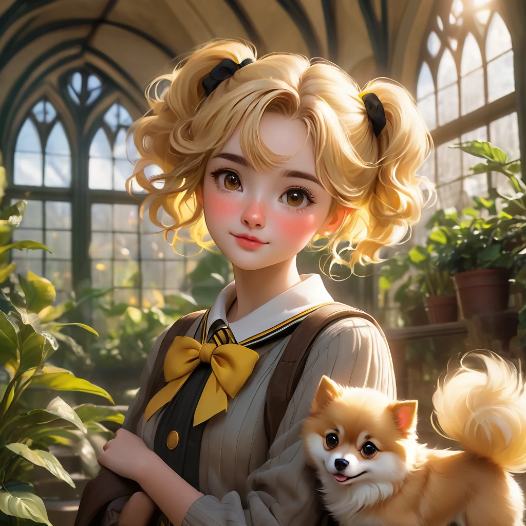 Best quality, masterpiece, Hogwarts student, Hufflepuff, short hair, high twin tails. Short golden blonde twintailed hair, serious, very mischievous, cute and bright, with freckles on her face, along with her super cute Pomeranian puppy in detail. brown eyes A delicate face, beautiful skin, the background is in the Hogwarts greenhouse, soft, mysterious light, soft shadows. Detailed textures, dynamic lighting