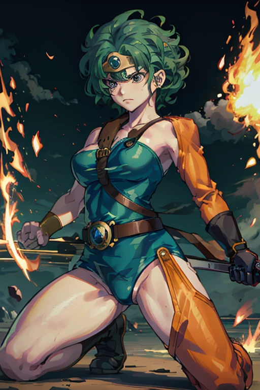 Anime Artwork Anime Artwork Masterpiece,most、high quality, Unreal Engine, Ultra-high resolution, Very detailed丸い胸, 1 person with medium chest,  Waist, thin,(Muscular:0.9)
 heroine, 
Circlet, Curly Hair, Green Hair, short hair, Asymmetrical clothing, leotard, belt, One-handed gloves, Single Sleeve, Single Thigh High Cave, Holding a sword, . Anime Style, Key Visual, Vibrant, Studio Anime,  Very detailed、　I'm running out of life. ragged equipment. kneel on one knee. be attacked by fire by the enemy.The leotard is torn to pieces.be on the verge of death by an attack from the enemy.My body and mind are worn out.The leotard is torn.The wound is bleeding.I can't avoid an attack from the enemy.