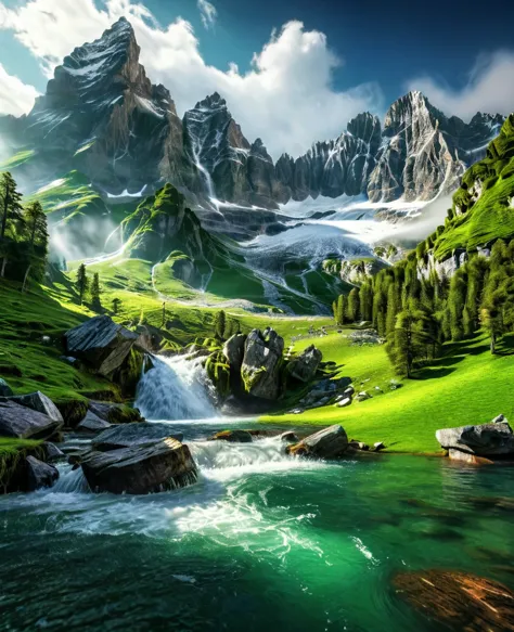 Cinematic landscape, epic alpine mountains, imposing snow-capped peaks, dramatic rocky cliffs, Cascading waterfall, lush green f...