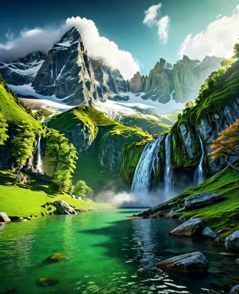 Cinematic landscape, epic alpine mountains, imposing snow-capped peaks, dramatic rocky cliffs, Cascading waterfall, lush green f...