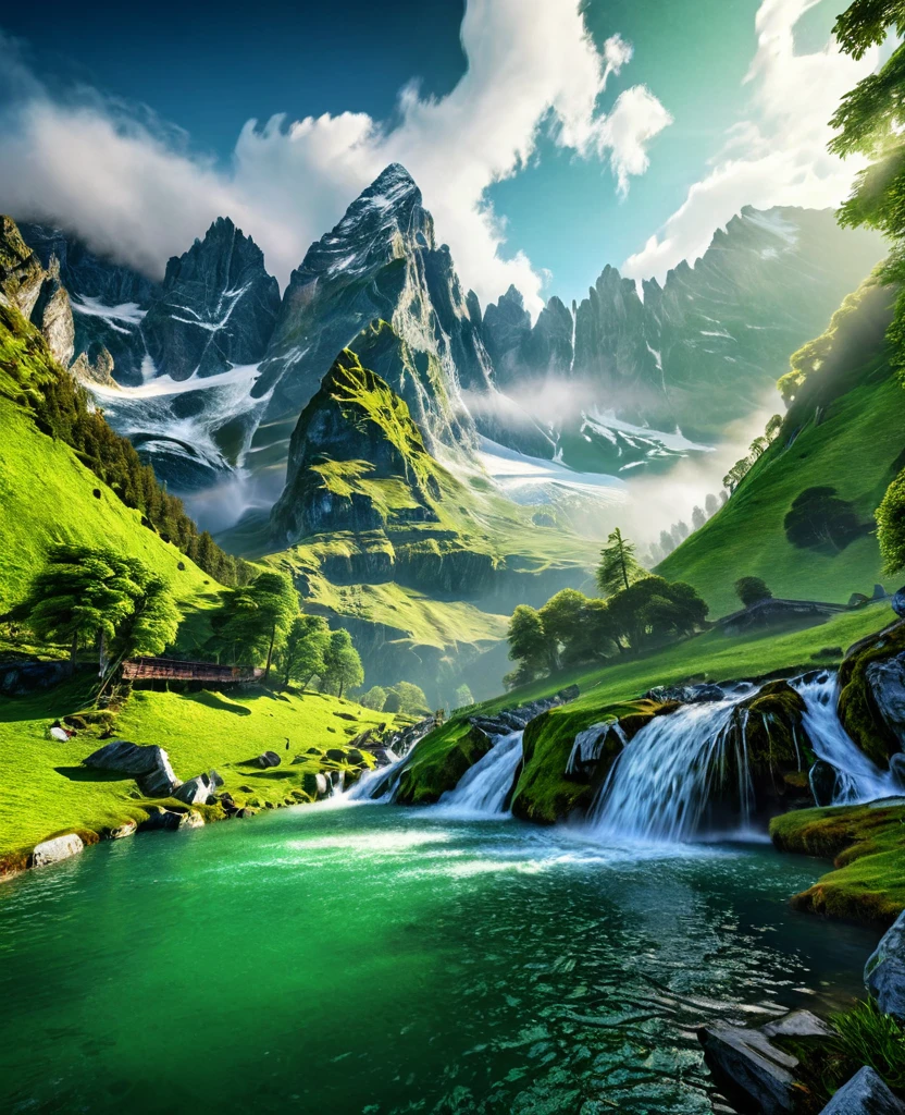 Cinematic landscape, epic alpine mountains, imposing snow-capped peaks, dramatic rocky cliffs, Cascading waterfall, lush green forests, serene lake, Inspiring view, Fantasy world, digitl art, highy detailed, photorrealistic, 8K, hdr, cinematic lighting, dramatic shadows, atmospheric fog, Ethereal humor, work of art 